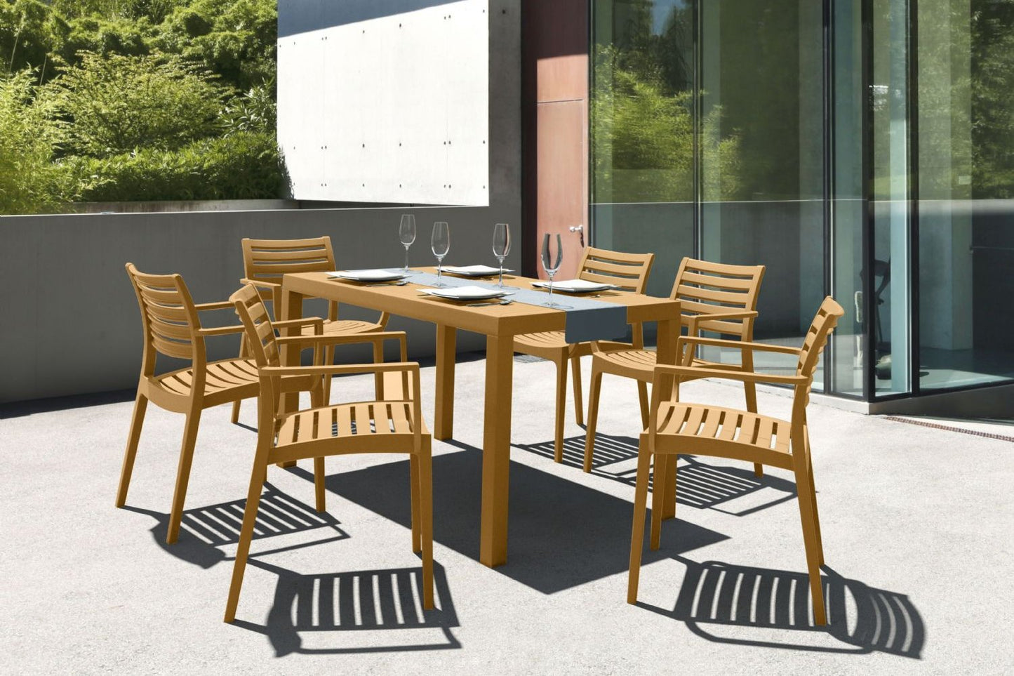 Artemis Commercial Resin Dining Arm Chair Teak Brown (2 Chairs)